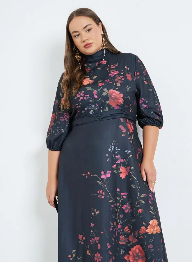 Styli Plus Size Floral Print Belted A-Line Maxi Dress